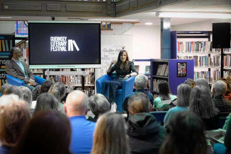 Author Claire Kilroy addresses the audience in the Guille-Allès Library at the 2024 Guernsey Literary Festival.